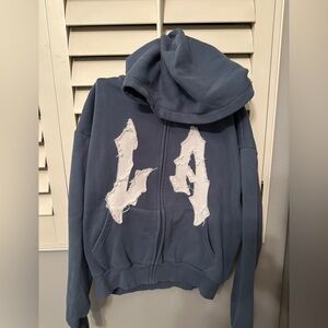 PacSun Navy Hoodie with Distressed White Letters LA